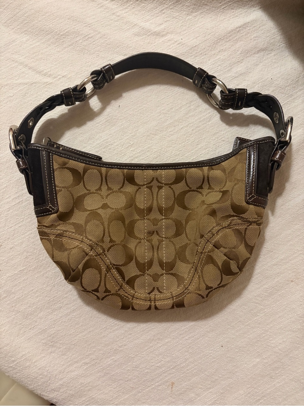 Coach Brown Signature Canvas Shoulder Hobo with Dark Brown Leather Trim